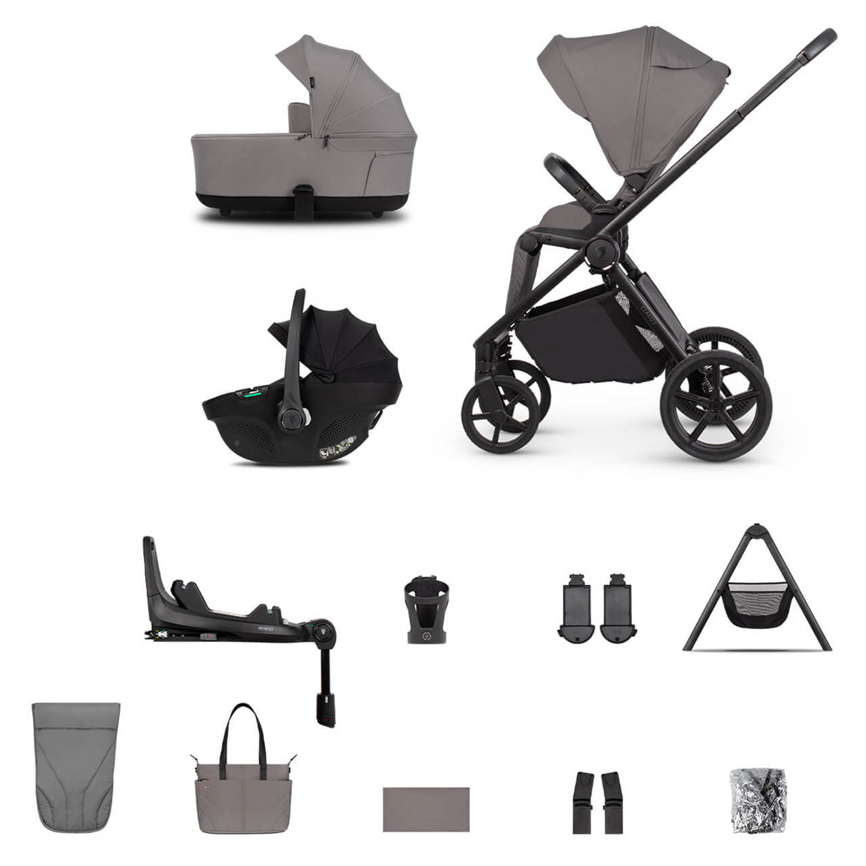 Venicci Claro 2 Plus Travel System with Accessories, Tiago Car Seat & ISOFIX Base - Fog