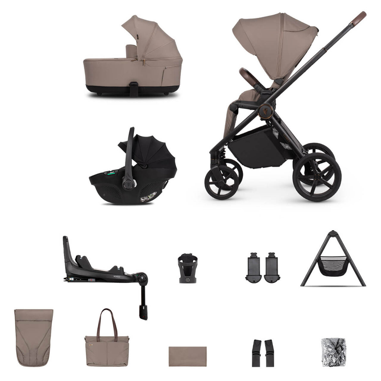 Venicci Claro 2 Plus Travel System with Accessories, Tiago Car Seat & ISOFIX Base - Almond