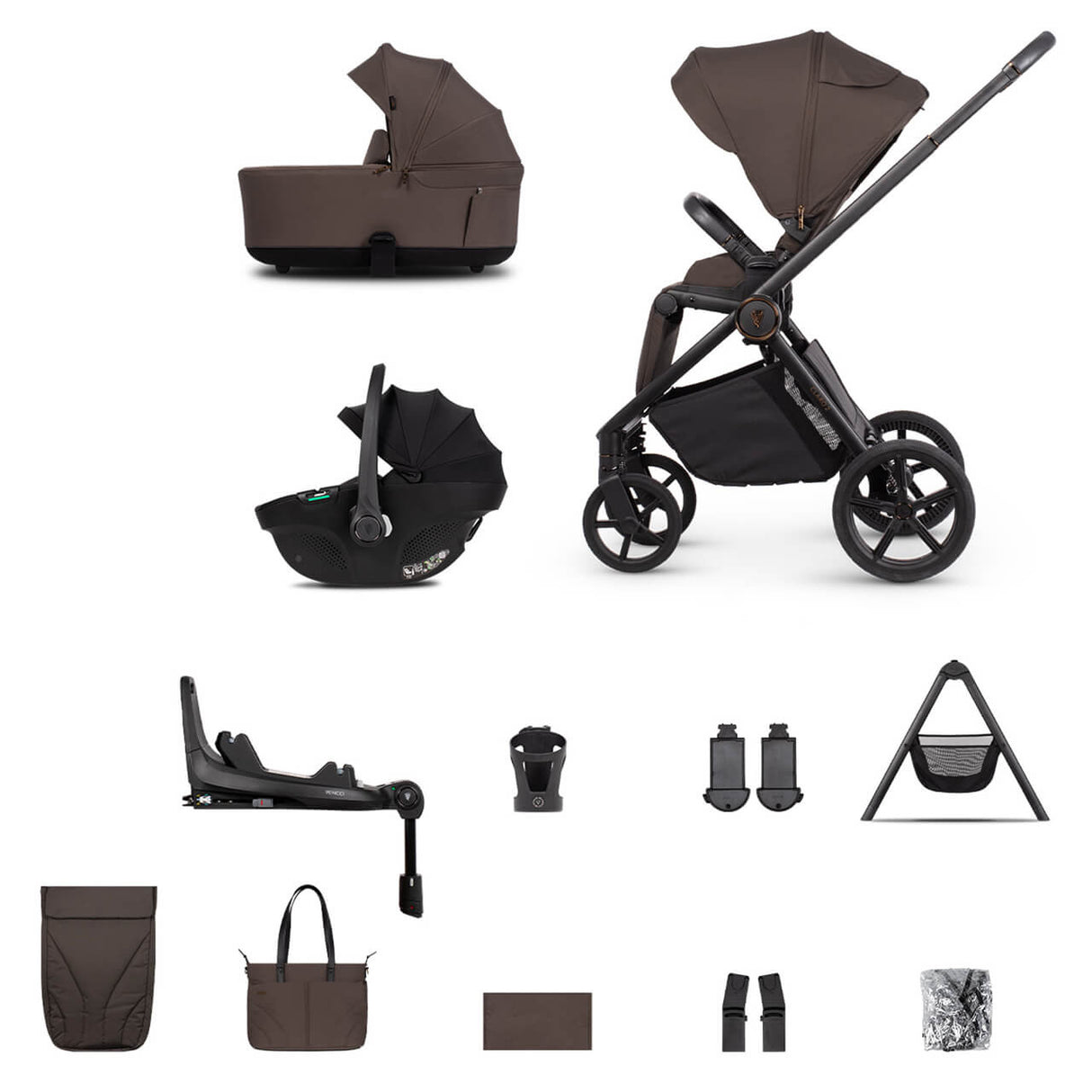 Venicci Claro 2 Plus Travel System with Accessories, Tiago Car Seat & ISOFIX Base - Chocolate