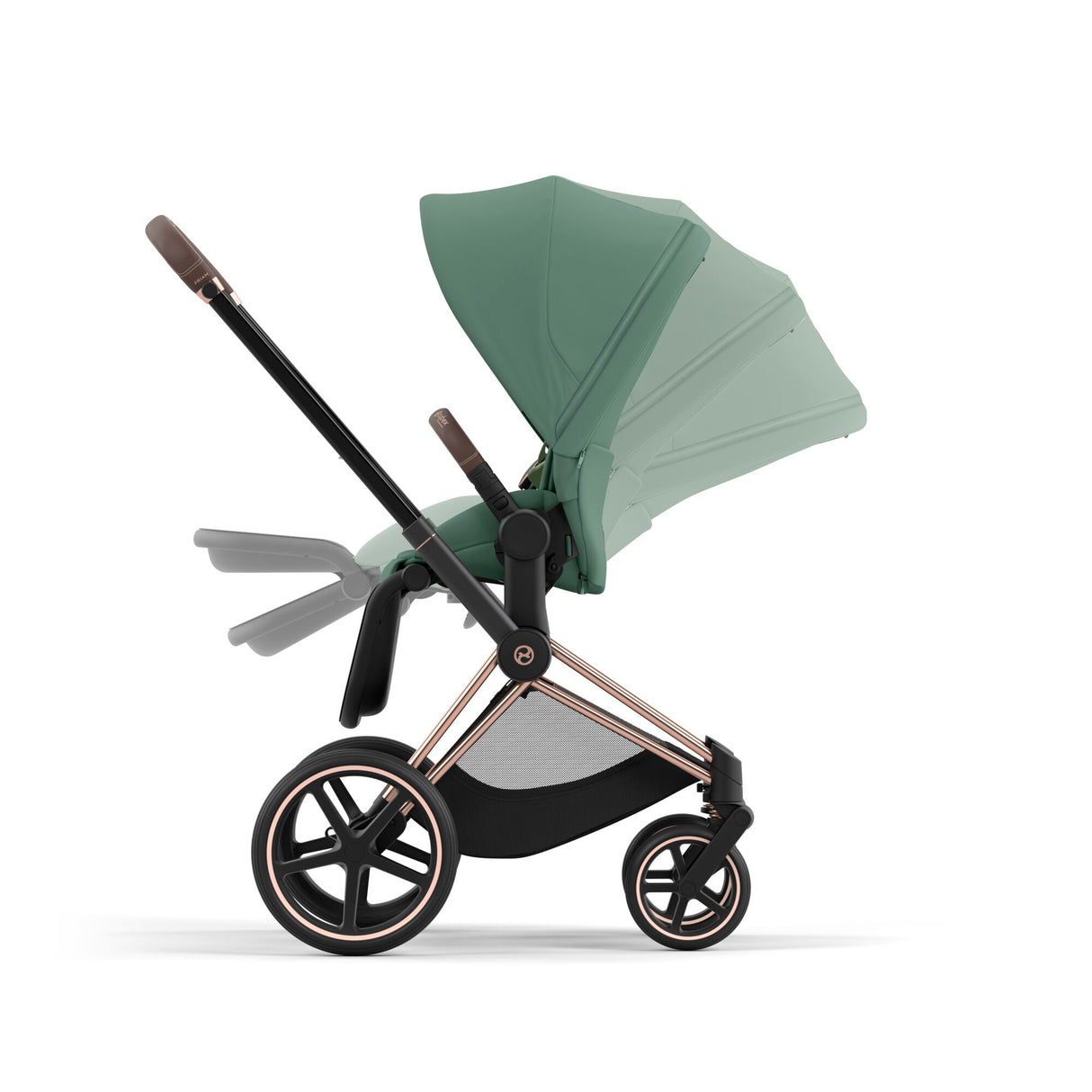 Cybex Priam Travel System with Accessories, Cloud T Car Seat & ISOFIX Base - Leaf Green / Rose Gold Frame