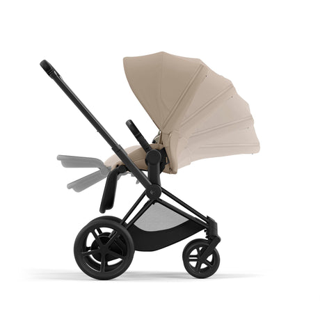 Cybex e-Priam Travel System with Accessories, Cloud T Car Seat & ISOFIX Base - Cozy Beige / Matt Black Frame