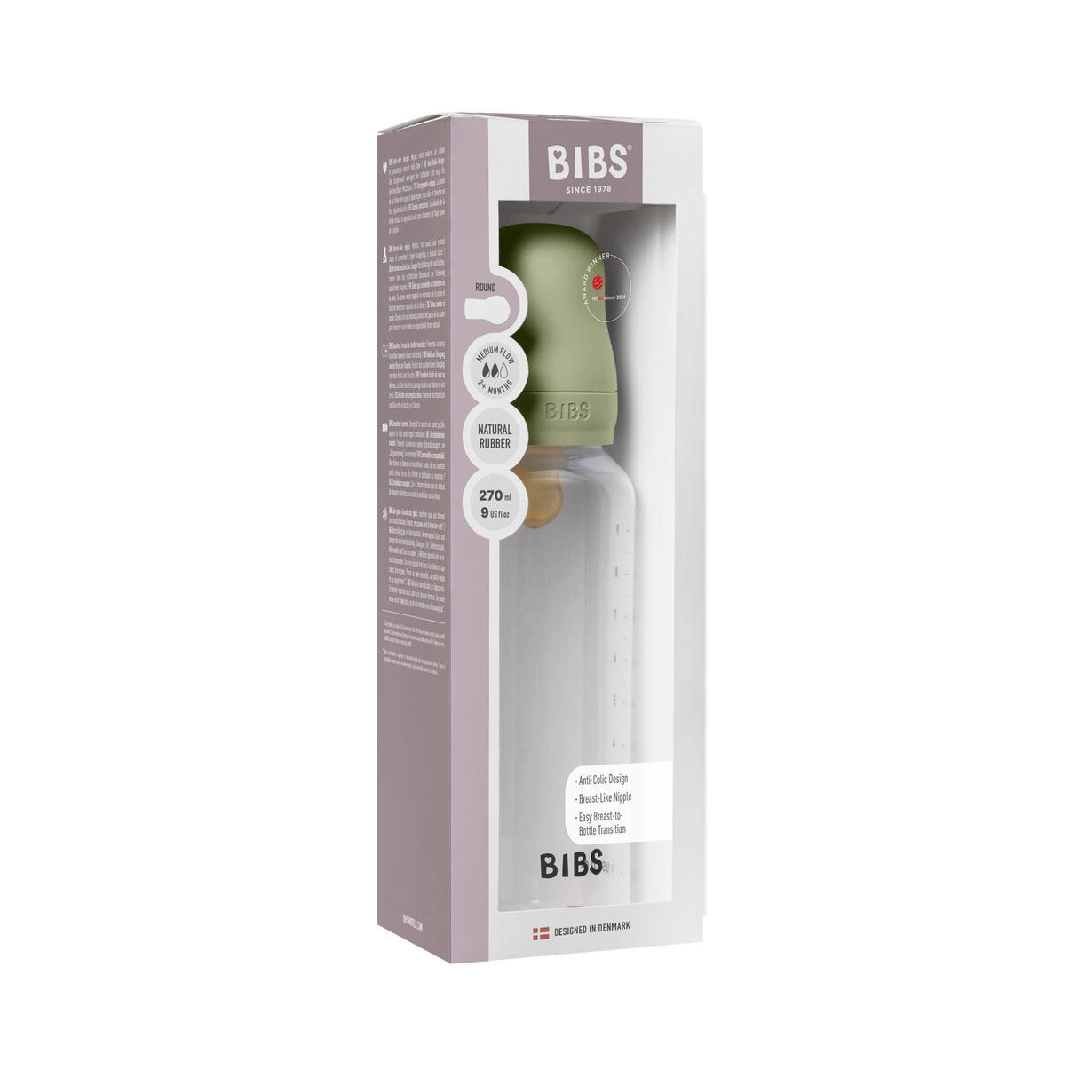BIBS Medium Flow 270ml Round Latex Baby Bottle - Sage