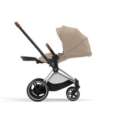 Cybex e-Priam Travel System with Accessories, Cloud T Car Seat & ISOFIX Base - Cozy Beige / Chrome Brown Frame