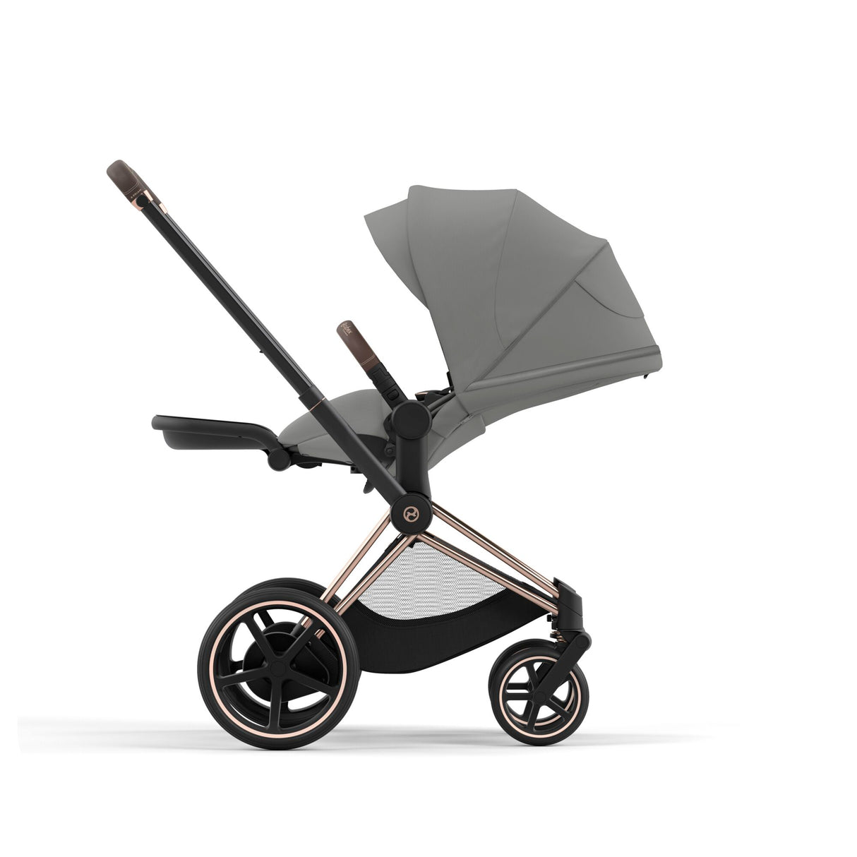 Cybex e-Priam Travel System with Accessories, Cloud T Car Seat & ISOFIX Base - Mirage Grey / Rose Gold Frame