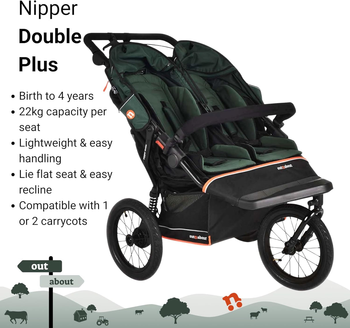 Out n About Nipper V6 Plus Double Pushchair - Sycamore Green