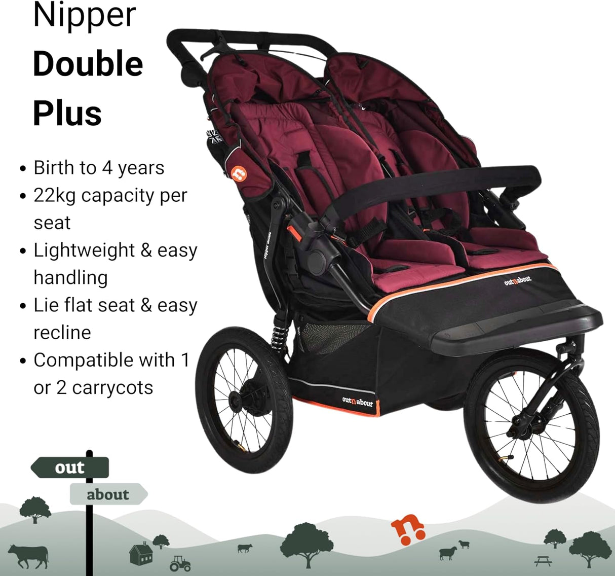 Out n About Nipper V6 Plus Double Pushchair - Brambleberry Red