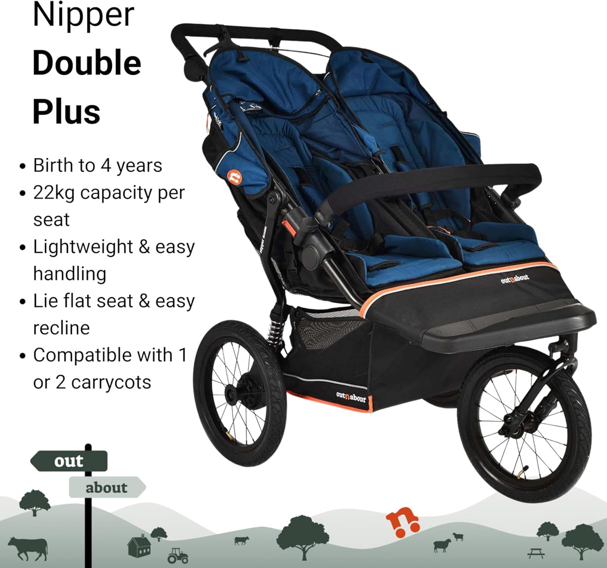 Out n About Nipper V6 Plus Double Pushchair - Highland Blue
