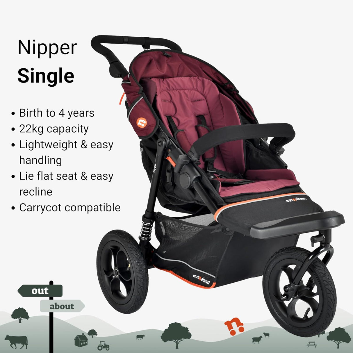 Out n About Nipper V6 Single Pushchair - Brambleberry Red