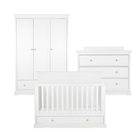 CuddleCo Beaumont Grand 3 Piece Nursery Furniture Set with Cot Bed, Dresser & Wardrobe - White