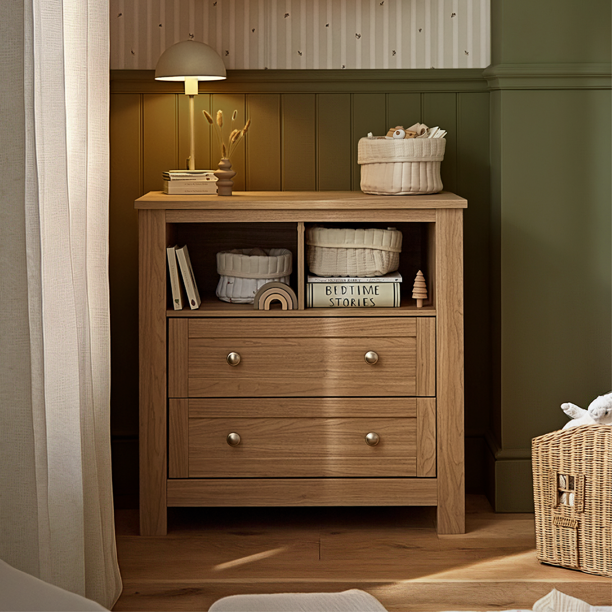 CuddleCo Burford 3 Piece Nursery Furniture Set with Cot Bed, Dresser & Wardrobe - Oak