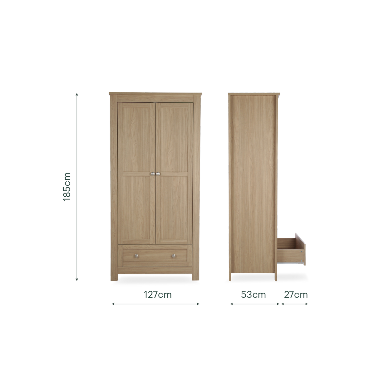 CuddleCo Burford 3 Piece Nursery Furniture Set with Cot Bed, Dresser & Wardrobe - Oak