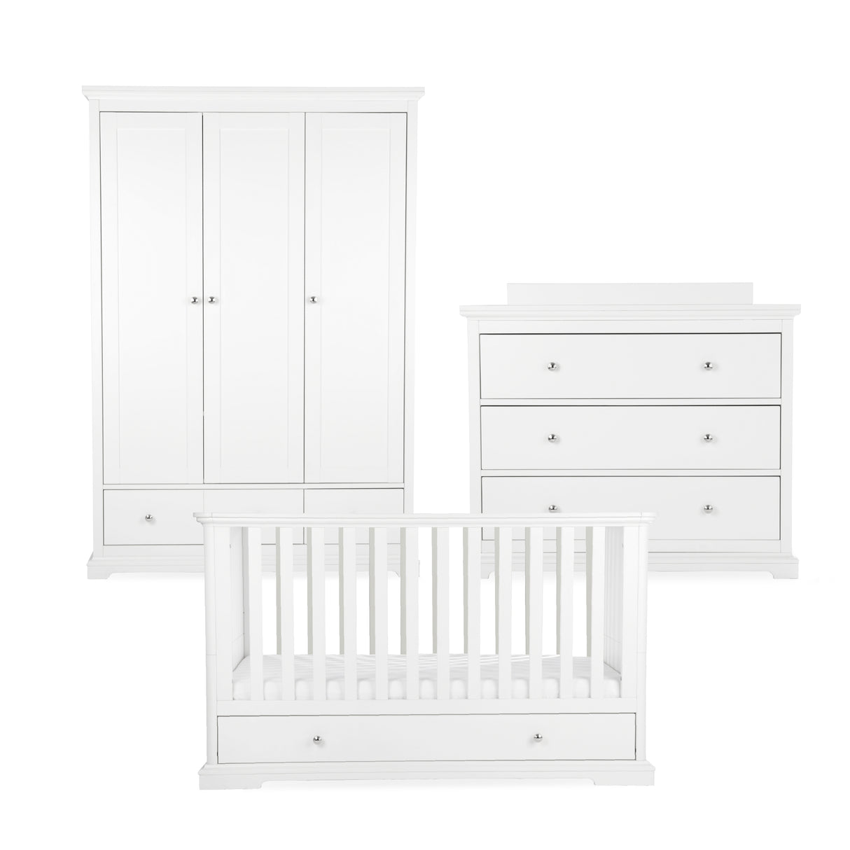 CuddleCo Beaumont 3 Piece Nursery Furniture Set with Cot Bed, Dresser & Wardrobe - White