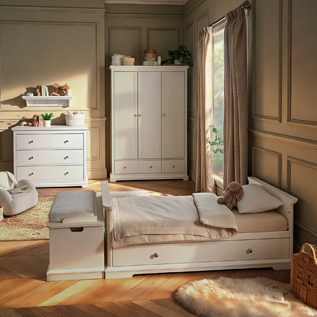 CuddleCo Beaumont 3 Piece Nursery Furniture Set with Cot Bed, Dresser & Wardrobe - White