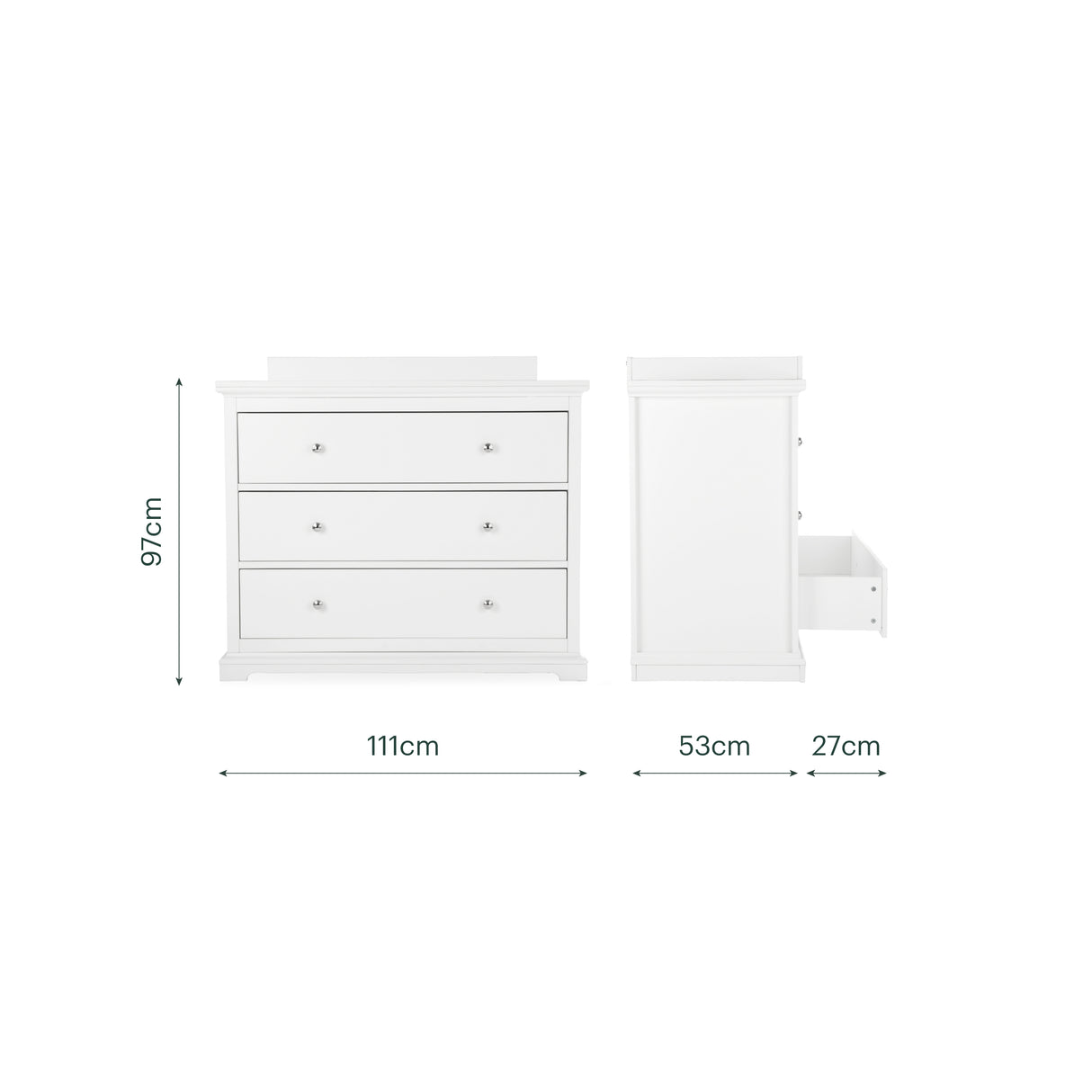 CuddleCo Beaumont Grand 3 Piece Nursery Furniture Set with Cot Bed, Dresser & Wardrobe - White