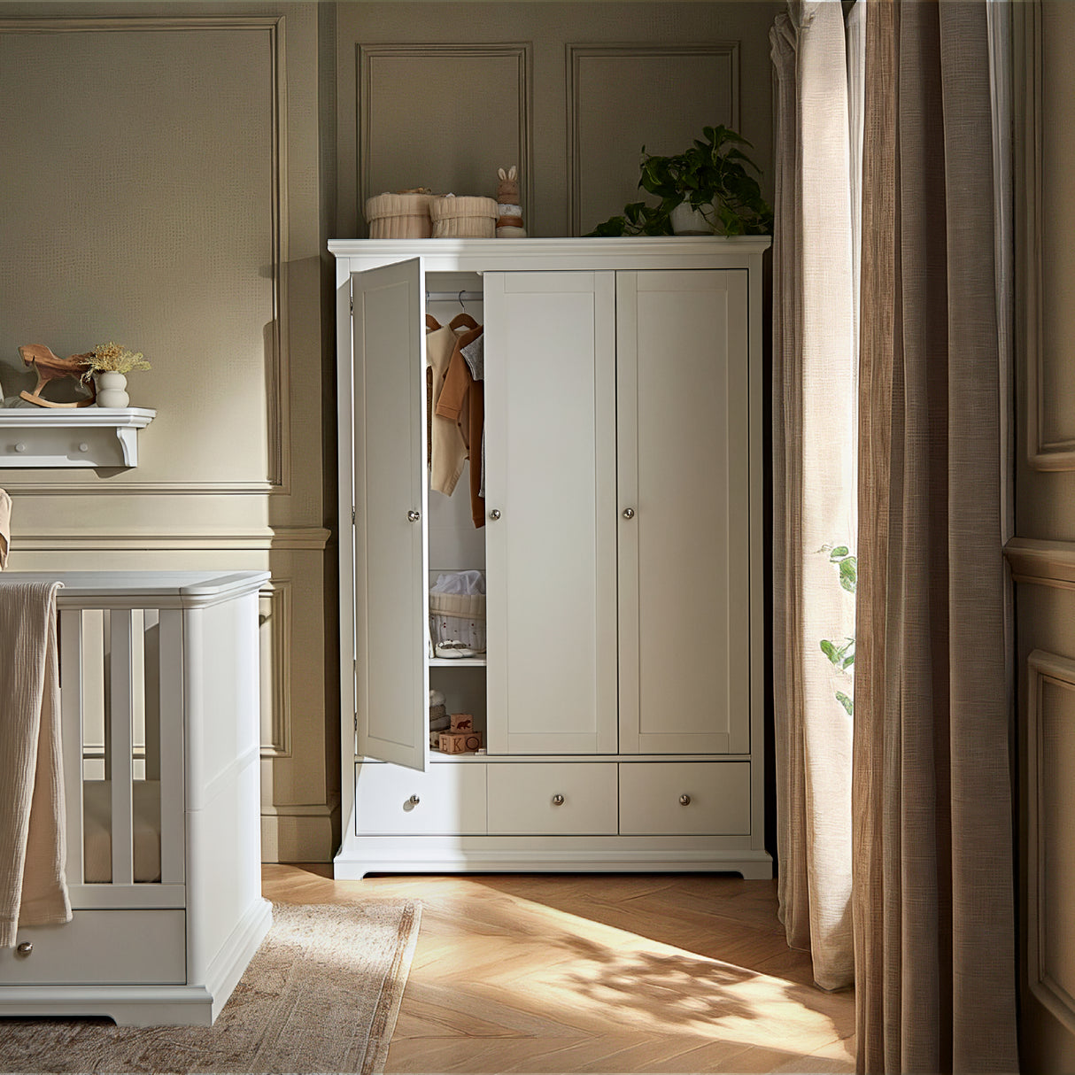 CuddleCo Beaumont Grand 3 Piece Nursery Furniture Set with Cot Bed, Dresser & Wardrobe - White