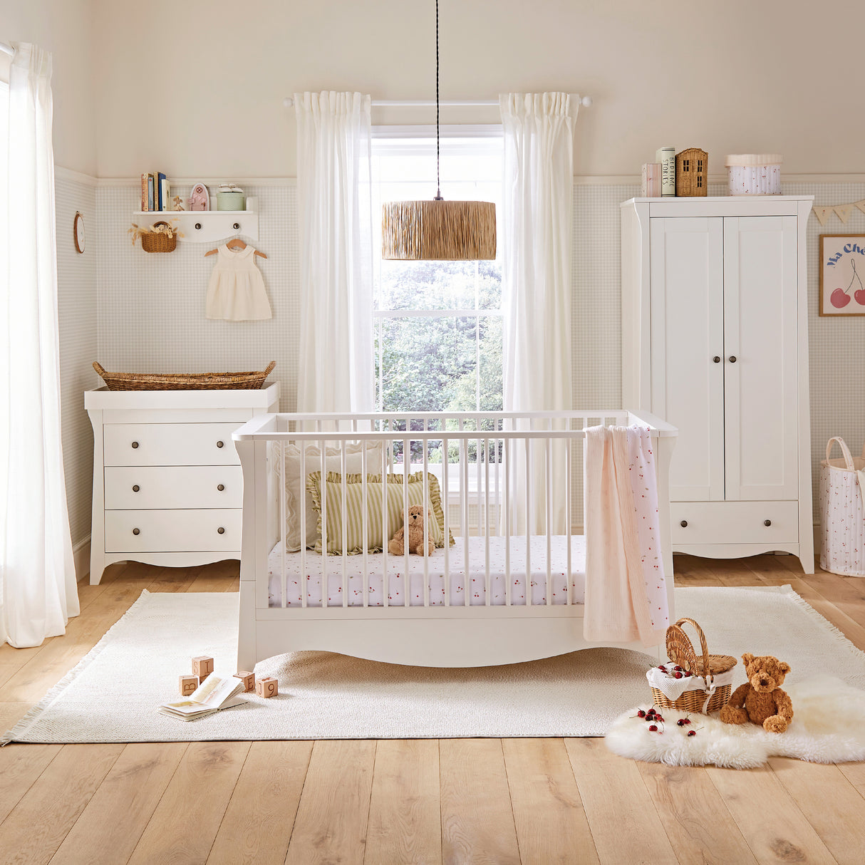 CuddleCo Clara 3 Piece Nursery Furniture Set with Cot Bed, Dresser and Wardrobe - White