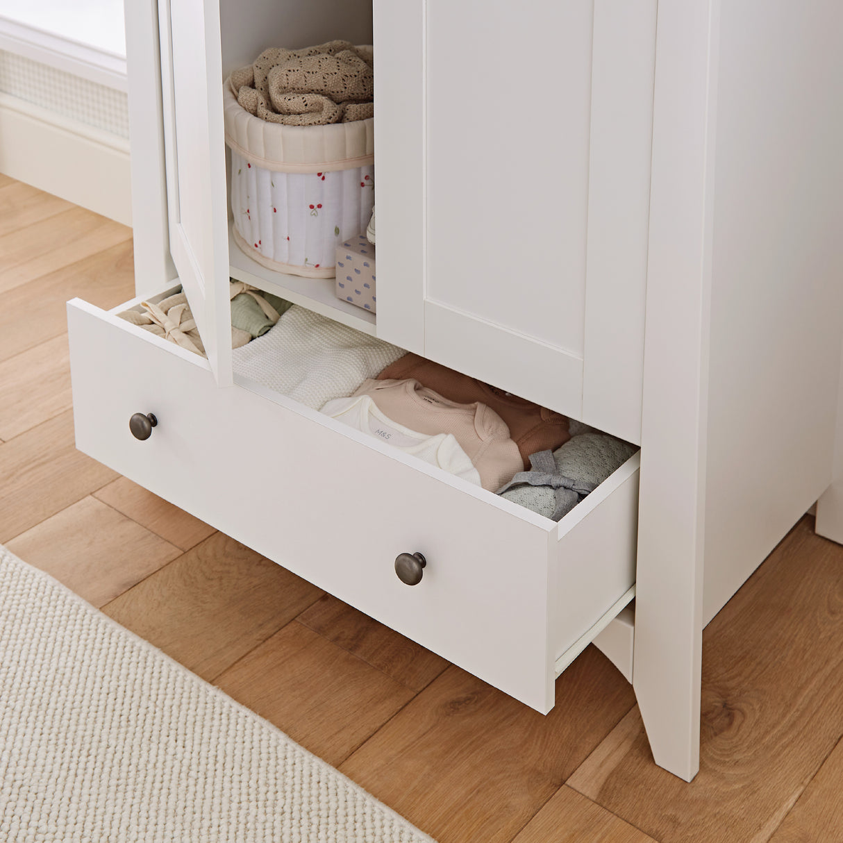 CuddleCo Clara 3 Piece Nursery Furniture Set with Cot Bed, Dresser and Wardrobe - White