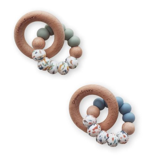 Chewies Wooden & Silicone Zoo Teething Ring - Sage/Cream