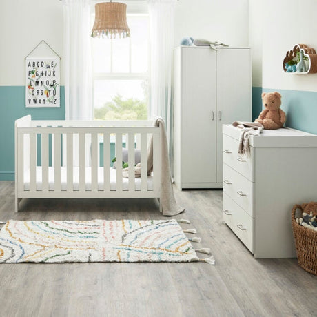 Babymore Caro 3 Piece Nursery Furniture Set with Cot Bed, Dresser and Wardrobe - White Wash