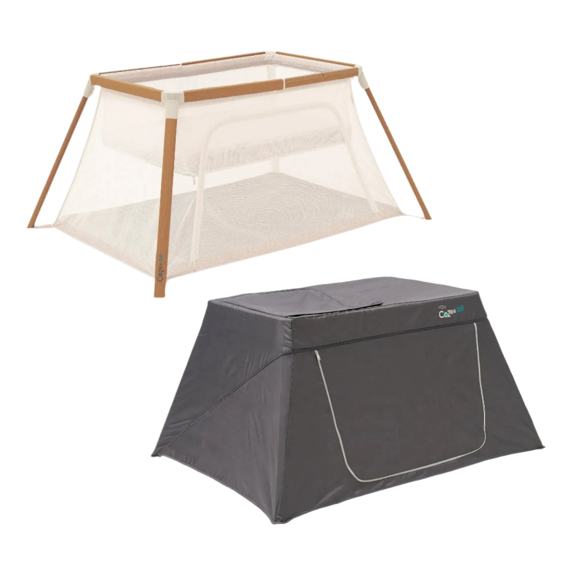 CoZee Go 3 1 Bassinet Travel Cot & Playpen Day & Night Bundle – Scandinavian Walnut & Ecru
