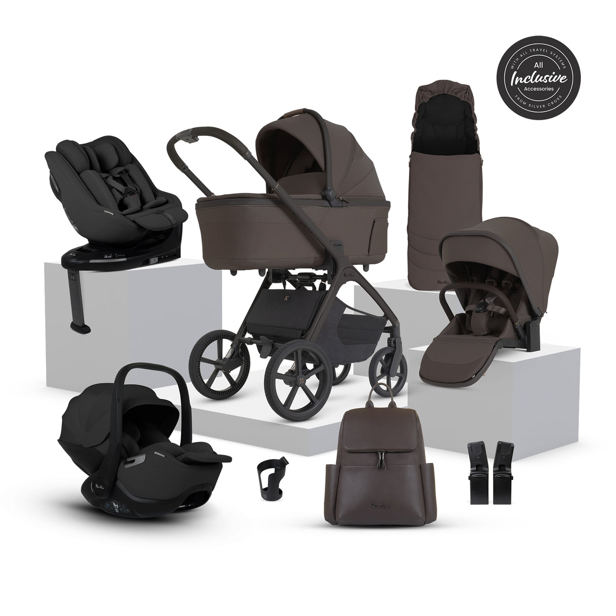 Silver Cross Cove 2 Ultimate Family Bundle with Glide Car Seat, Approach Car Seat and Base Plus - Chocolate