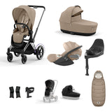 Cybex e-Priam Travel System with Accessories, Cloud T Car Seat & ISOFIX Base - Cozy Beige / Chrome Black Frame