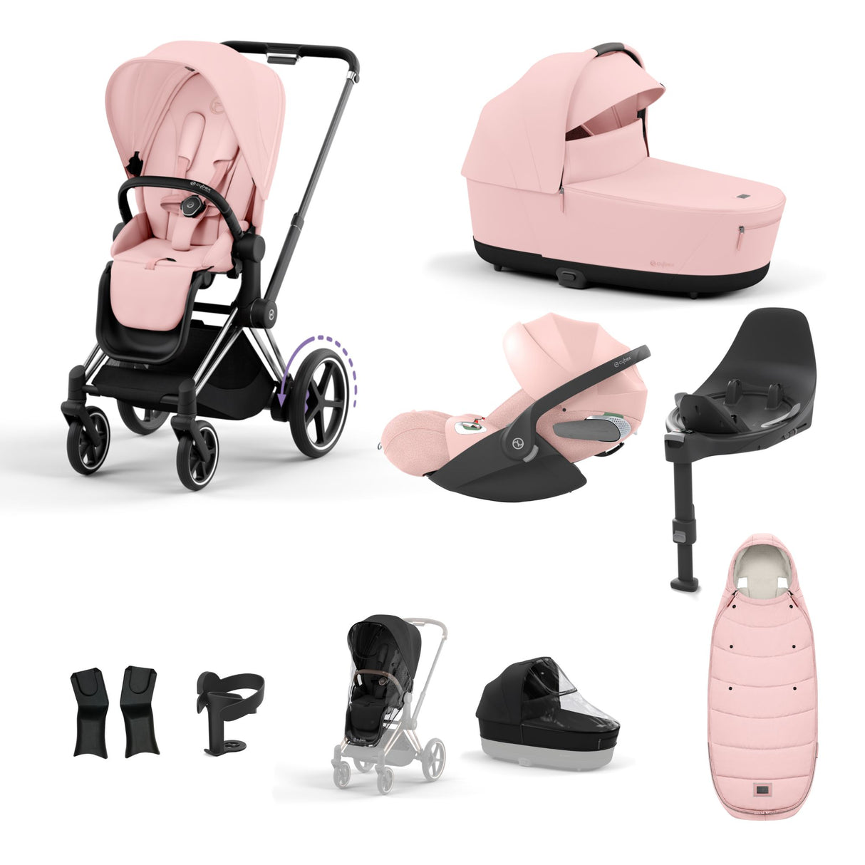 Cybex e-Priam Travel System with Accessories, Cloud T Car Seat & ISOFIX Base -  Peach Pink / Chrome Black Frame