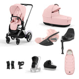Cybex e-Priam Travel System with Accessories, Cloud T Car Seat & ISOFIX Base -  Peach Pink / Chrome Black Frame