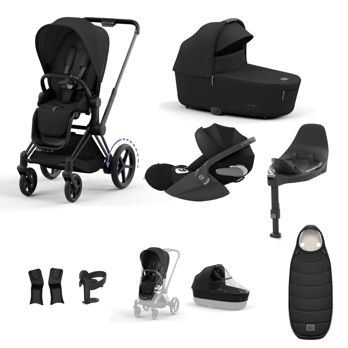 Cybex e-Priam Travel System with Accessories, Cloud T Car Seat & ISOFIX Base - Sepia Black / Matt Black Frame