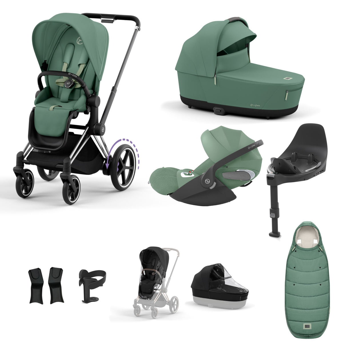Cybex e-Priam Travel System with Accessories, Cloud T Car Seat & ISOFIX Base - Leaf Green / Chrome Black Frame