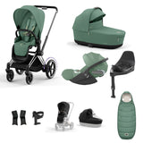 Cybex e-Priam Travel System with Accessories, Cloud T Car Seat & ISOFIX Base - Leaf Green / Chrome Black Frame