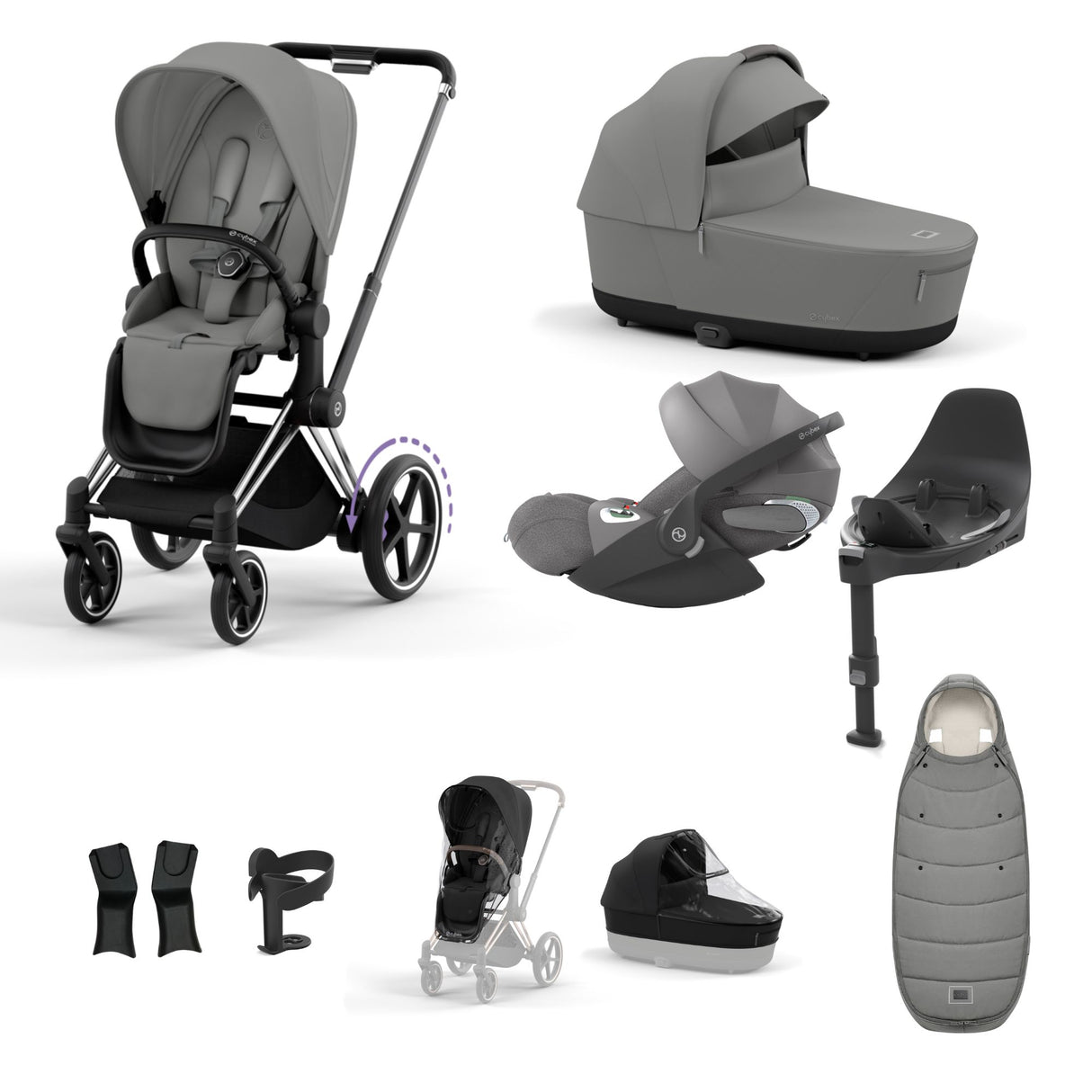 Cybex e-Priam Travel System with Accessories, Cloud T Car Seat & ISOFIX Base - Mirage Grey / Chrome Black Frame