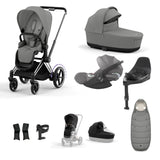Cybex e-Priam Travel System with Accessories, Cloud T Car Seat & ISOFIX Base - Mirage Grey / Chrome Black Frame