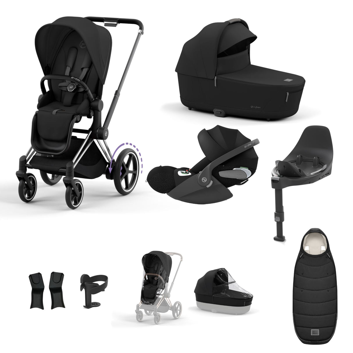 Cybex e-Priam Travel System with Accessories, Cloud T Car Seat & ISOFIX Base - Sepia Black / Chrome Black Frame