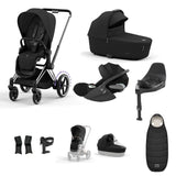 Cybex e-Priam Travel System with Accessories, Cloud T Car Seat & ISOFIX Base - Sepia Black / Chrome Black Frame