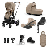 Cybex e-Priam Travel System with Accessories, Cloud T Car Seat & ISOFIX Base - Cozy Beige / Chrome Brown Frame