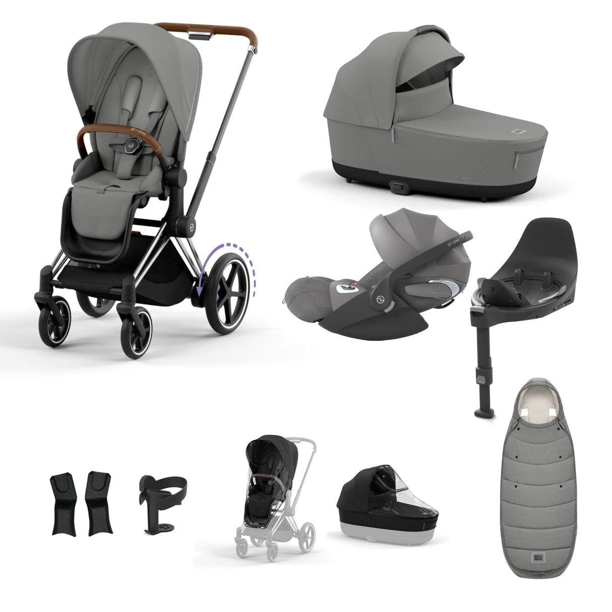 Cybex e-Priam Travel System with Accessories, Cloud T Car Seat & ISOFIX Base - Mirage Grey / Chrome Brown Frame