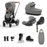 Cybex e-Priam Travel System with Accessories, Cloud T Car Seat & ISOFIX Base - Mirage Grey / Chrome Brown Frame