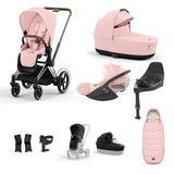 Cybex e-Priam Travel System with Accessories, Cloud T Car Seat & ISOFIX Base -  Peach Pink / Chrome Brown Frame