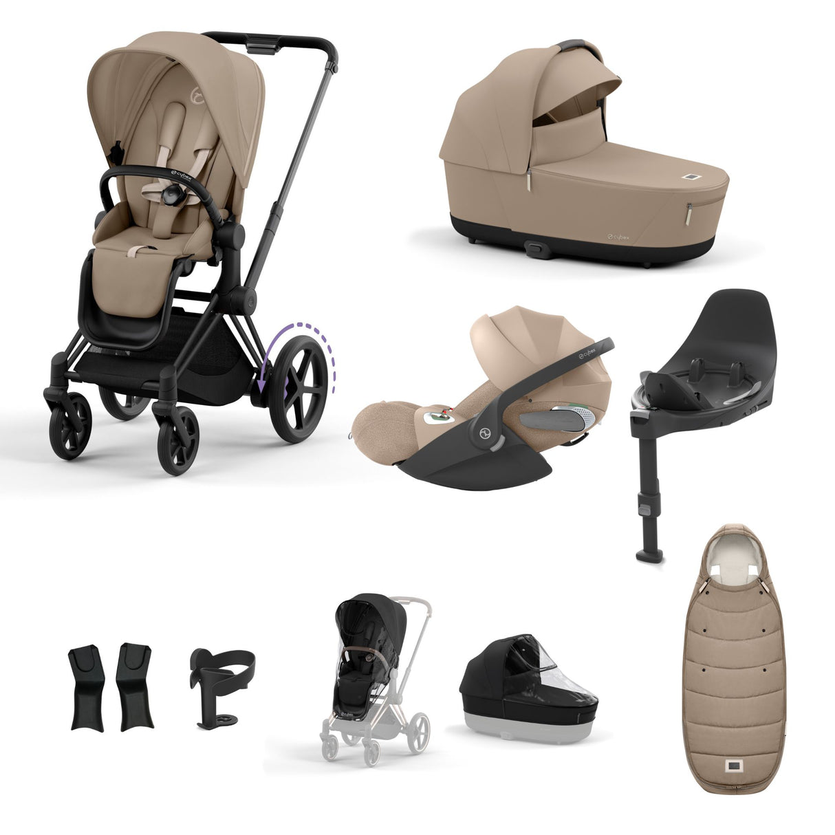 Cybex e-Priam Travel System with Accessories, Cloud T Car Seat & ISOFIX Base - Cozy Beige / Matt Black Frame