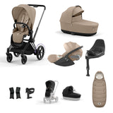 Cybex e-Priam Travel System with Accessories, Cloud T Car Seat & ISOFIX Base - Cozy Beige / Matt Black Frame