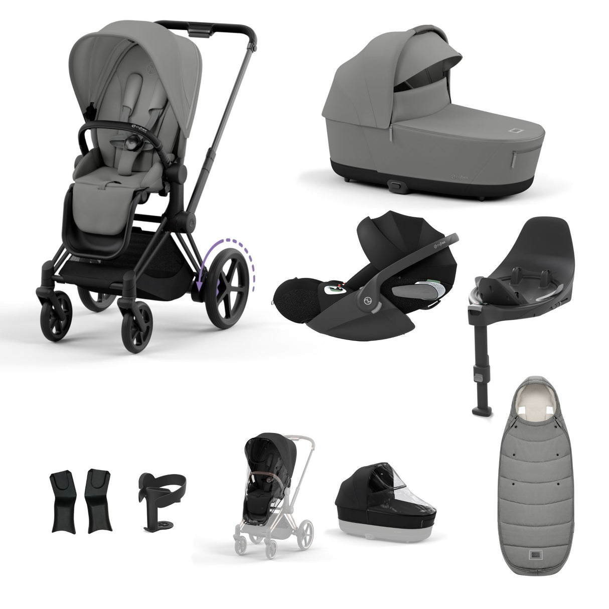 Cybex e-Priam Travel System with Accessories, Cloud T Car Seat & ISOFIX Base - Mirage Grey / Matt Black Frame
