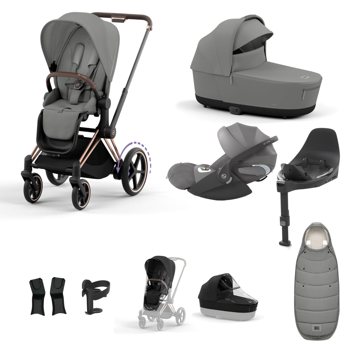Cybex e-Priam Travel System with Accessories, Cloud T Car Seat & ISOFIX Base - Mirage Grey / Rose Gold Frame