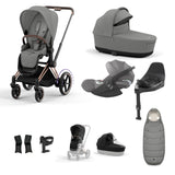 Cybex e-Priam Travel System with Accessories, Cloud T Car Seat & ISOFIX Base - Mirage Grey / Rose Gold Frame