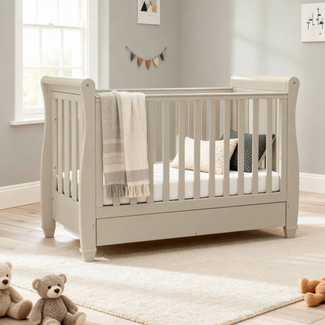 Babymore Eva Sleigh Drop Side Cot Bed with Under Drawer - Cashmere
