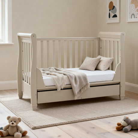 Babymore Eva Sleigh Drop Side Cot Bed with Under Drawer - Cashmere