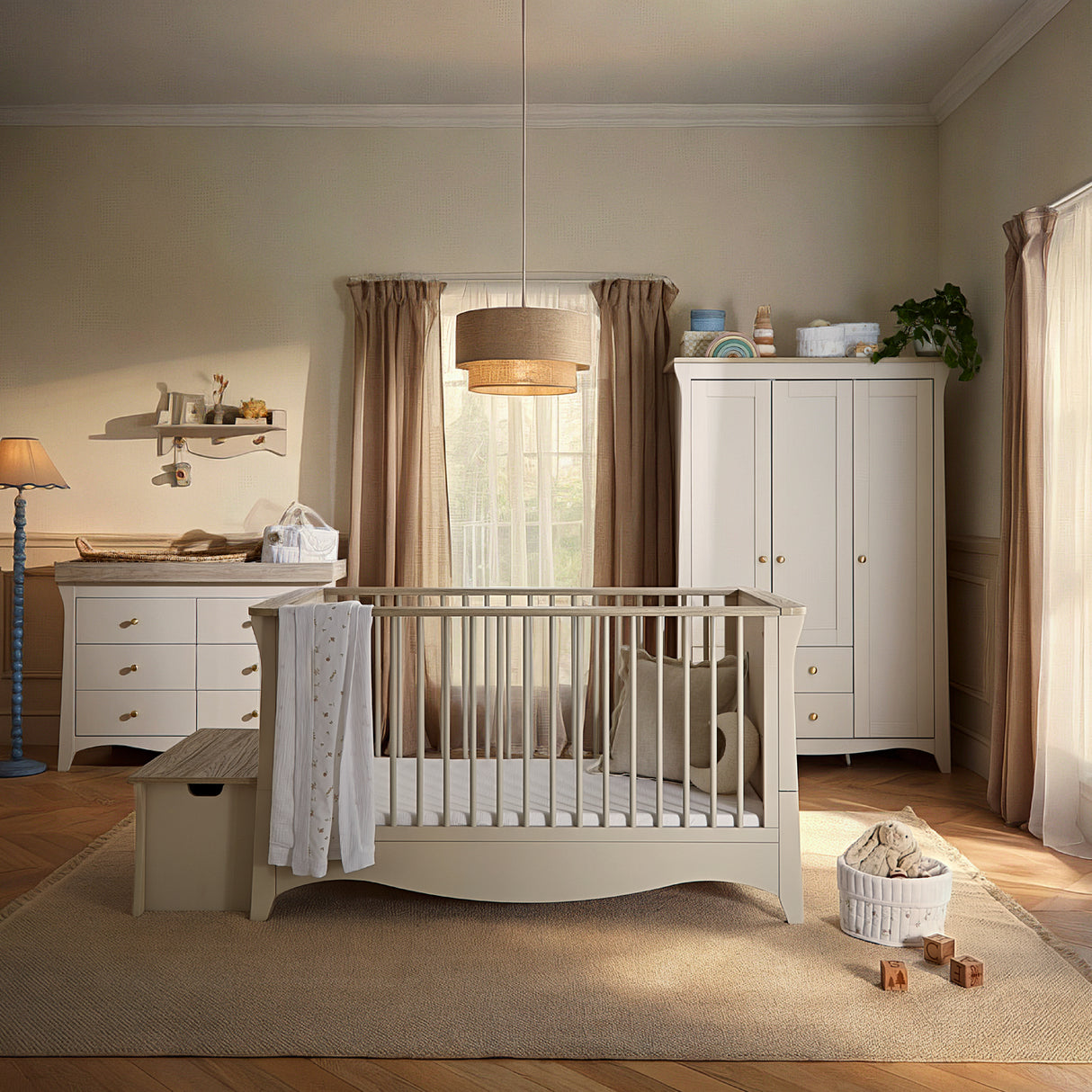 CuddleCo Clara Luxe 3 Piece Nursery Furniture Set with Cot Bed, Dresser & Wardrobe - Cashmere & Ash