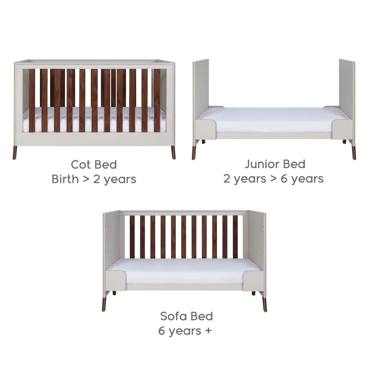 Tutti Bambini Fuori 3 Piece Nursery Furniture Set with Cot Bed, Dresser & Wardrobe - White Sand / Warm Walnut