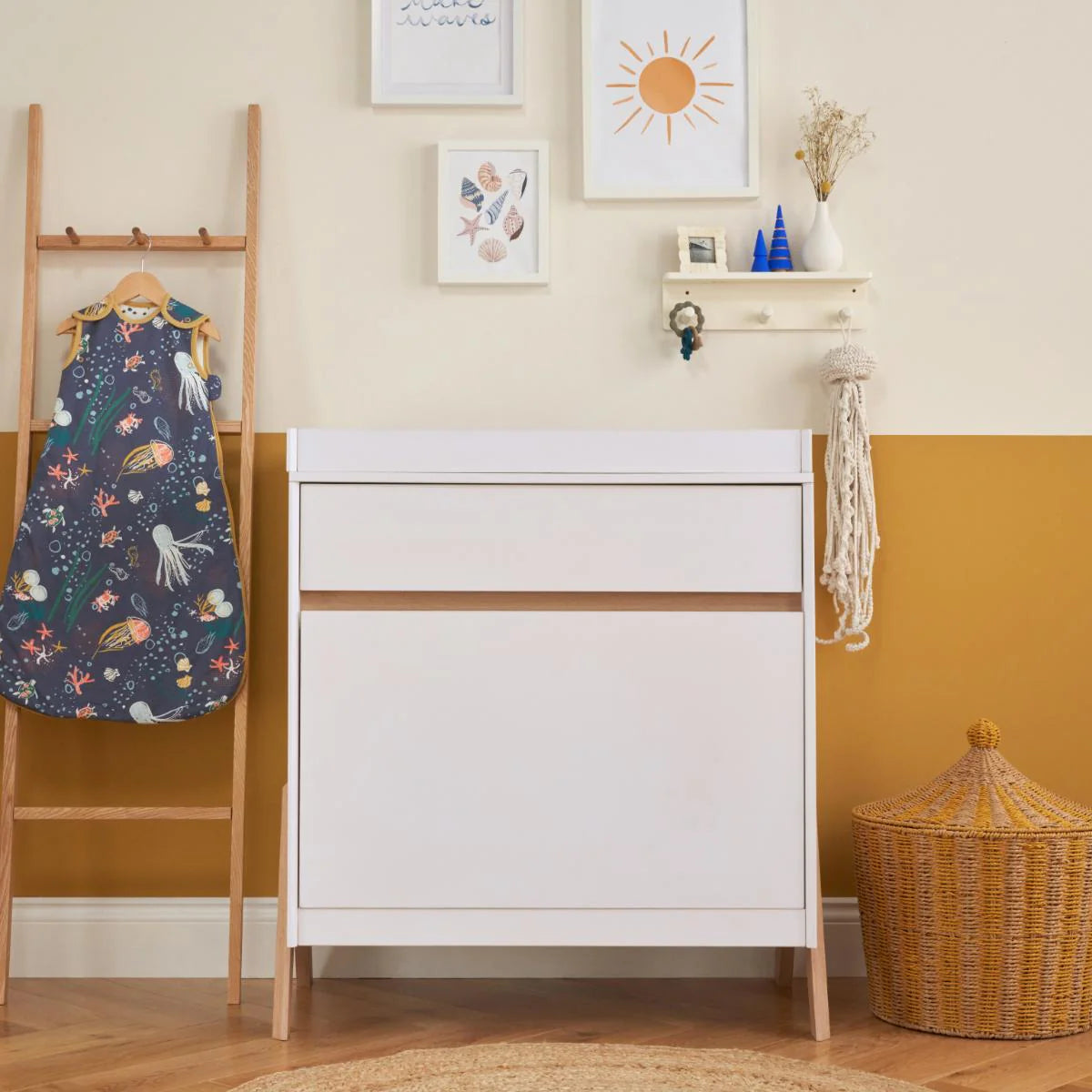 Tutti Bambini Fuori Mini 3 Piece Nursery Furniture Set with Cot Bed, Dresser & Wardrobe - White / Light Oak