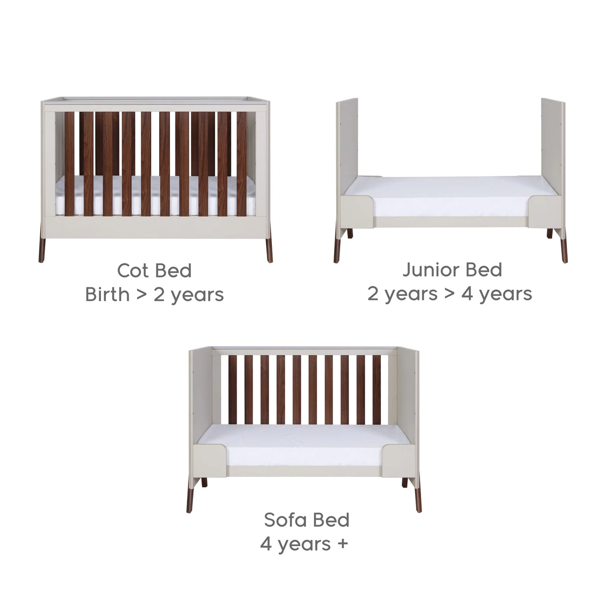 Tutti Bambini Fuori Mini 3 Piece Nursery Furniture Set with Cot Bed, Dresser & Wardrobe - White Sand / Warm Walnut